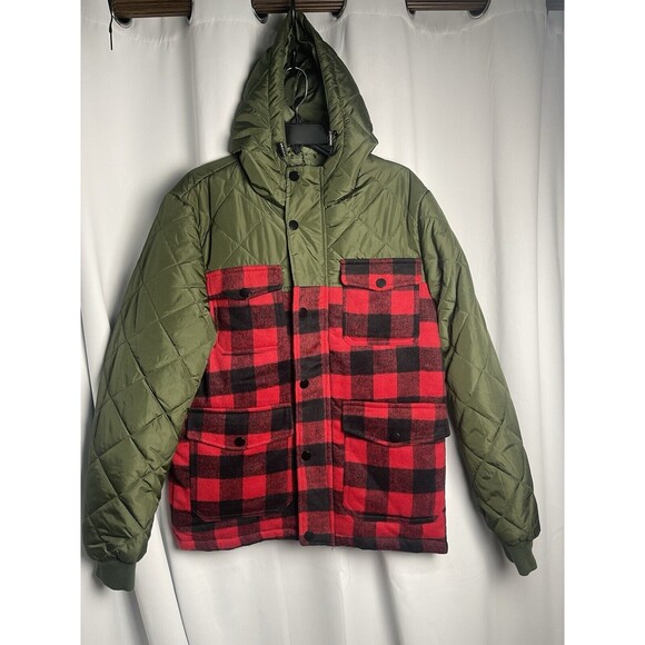 American Stitch Quilted Green Buffalo Plaid Hooded Utility Jacket Coat Sz S New - Picture 1 of 6